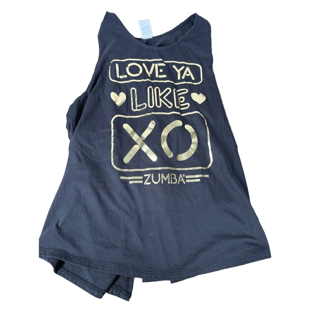 Zumba Love Ya Like XO Tank Top L Black Gold Racerback Gathered Open Back
